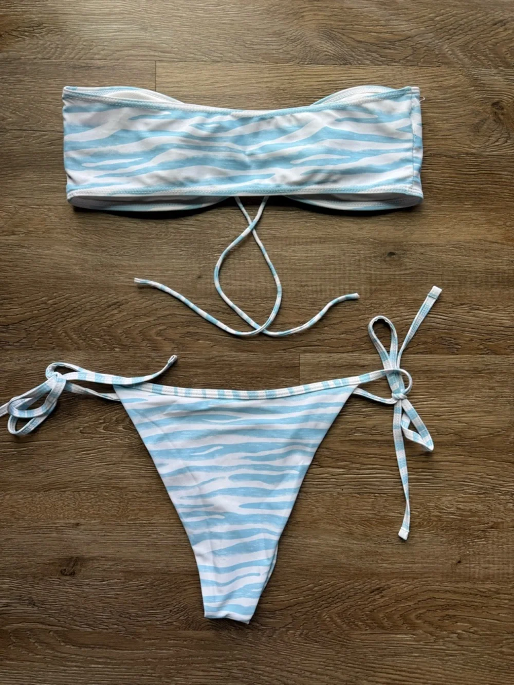 SHEIN Light Blue & White Striped Bandeau Tie-Side Bikini Set - Picture 2 of 4
